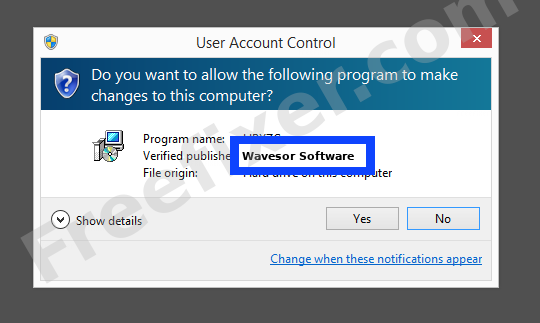 Screenshot where Wavesor Software appears as the verified publisher in the UAC dialog
